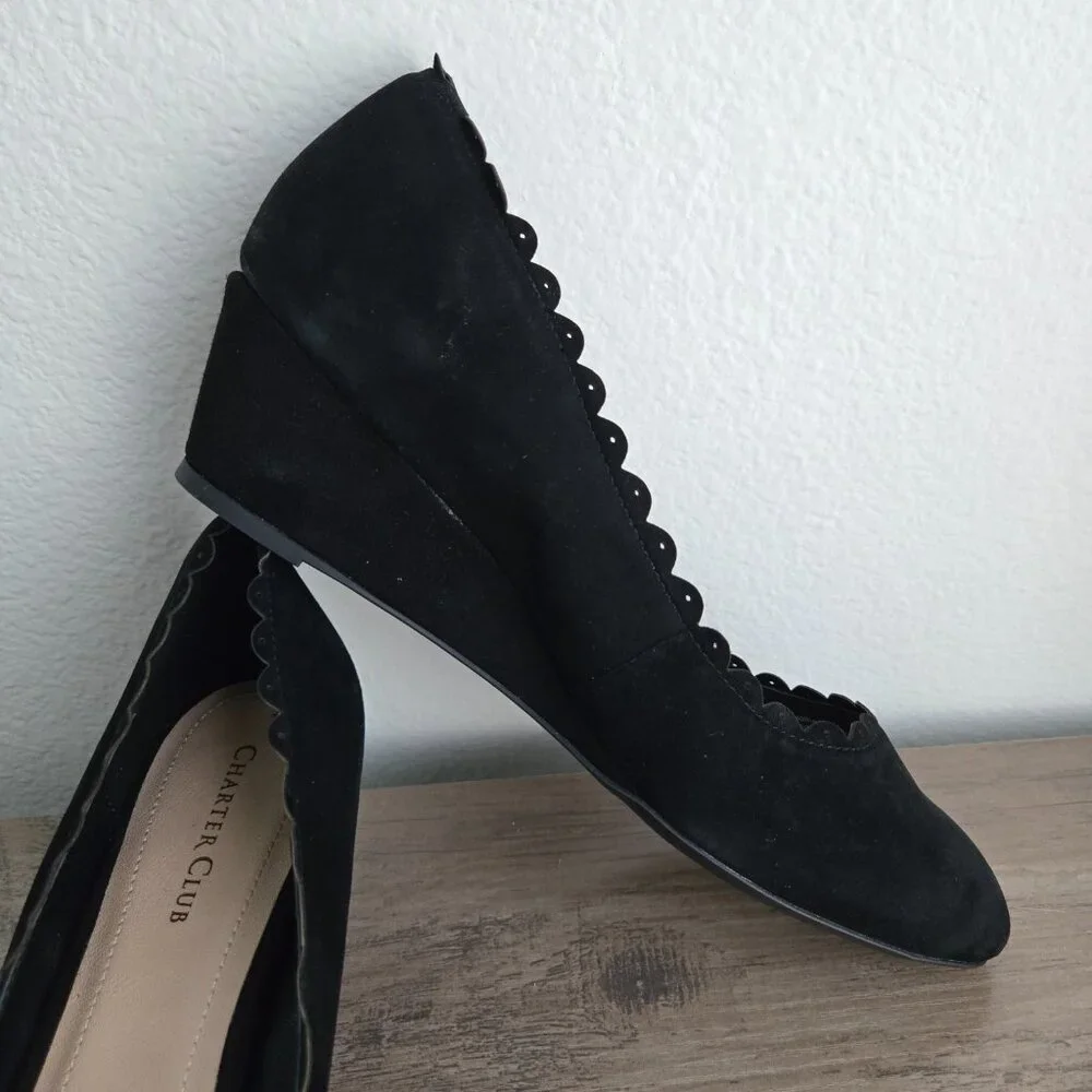 Charter Club Wandaa Suede Leather Scalloped Almond Toe Wedge Heels Black Size 9 - Picture 9 of 12